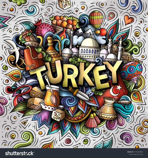 Turkey Doodle, Turkish Wallpaper, Turkey Hand Drawing, Mural School, Turkish Symbols, Cartoon Doodles, Cartoon Turkey, Doodles Illustration, Travel Creative