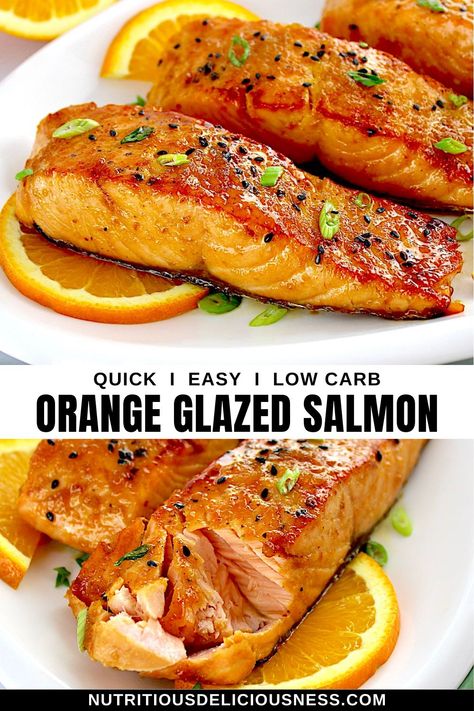 This recipe for Orange Glazed Salmon features buttery, pan-seared filets finished with a sweet and savory orange, ginger, and honey glaze. Ready in just 20 minutes, it's perfect for busy weeknights yet elegant enough for special occasions. Orange Honey Salmon Baked, Spicy Mango Glazed Salmon, Orange Honey Salmon, Misty Copeland Citrus Salmon, Orange Sauce For Salmon, Salmon With Orange Sauce, Orange Salmon Recipes Baked, Honey Glazed Salmon Pan Seared, Ginger Salmon Recipes