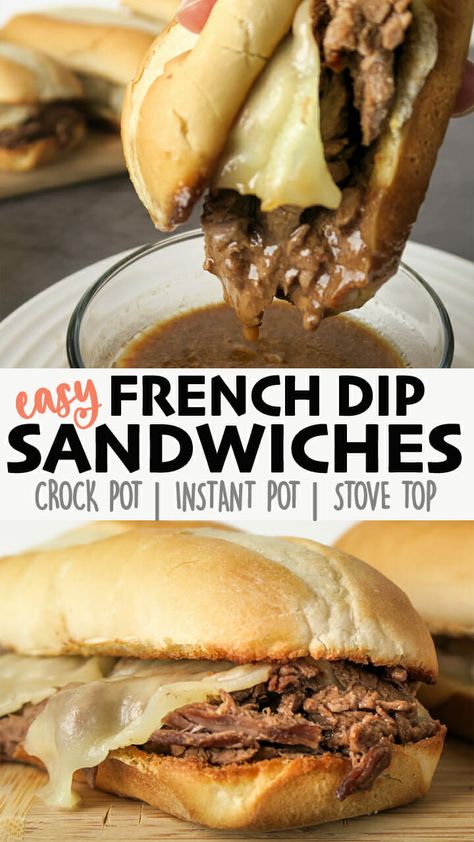 Super EASY French Dip Sandwiches...only 5 ingredients for the beef! Can be made with beef steaks or a roast...I just use whatever is on sale! Crock pot, Instant Pot, and Stove top instructions included. Click for the full recipe and full video! #beef #sandwich #sandwichrecipes #crockpot #instantpot #easyrecipe Easy French Dip Sandwiches, French Dip Sandwich Crockpot, Instant Pot French Dip, French Dip Sandwiches, Dip Sandwiches, Beef Steaks, Au Jus Gravy, Roast Beef Sandwiches, French Dip Sandwich