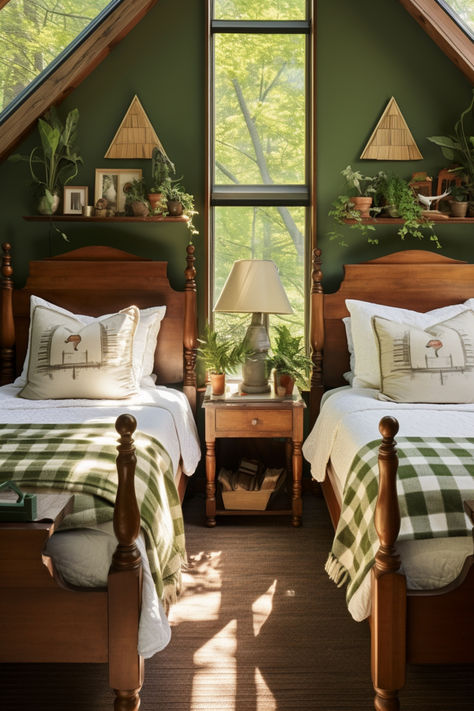 40+ Farmhouse Bedroom Ideas for a Dreamy Sleeping Space Short High Windows Master Bedrooms, Natural Wood Twin Bed Kids Rooms, Camp House Ideas Interiors, Forest Cottage Interior Bedroom, Rustic Cabin Bedding Ideas, Woodland Guest Bedroom, Rustic One Room Cabin, Cabin In The Woods Decorating Ideas, Adirondack Bedroom Ideas