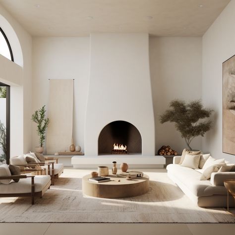 cool but cozy living space with amazing arched plaster fireplace as the focal point. Neutral colors, cozy textures, & light woods Living Room With Arched Windows, Living Room Spanish Modern, Modern Spanish Style Fireplace, Modern Mediterranean Furniture, Santa Barbara Style Living Room, Mediterian Style Living Room, Fireplace With Arched Windows On Each Side, Spanish Arches Interiors, Mederteranian Home