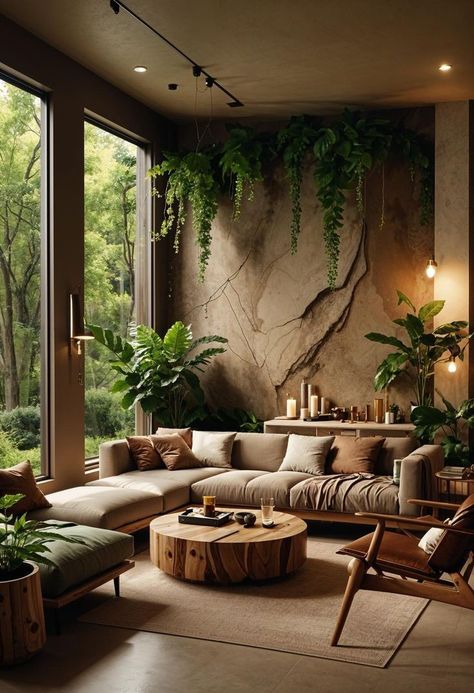 Greenery For Living Room, Living Room With Plants Aesthetic, Naturalistic Living Room, Meditation Living Room, Natural Elements Interior Design, Cozy Living Room Designs Small Spaces, Living Room Zen Style, Modern Living Room With Plants, Tropical Interior Design Living Rooms