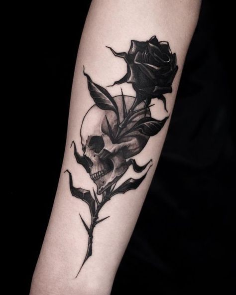 40+ Amazing Black Rose Tattoo Ideas|#tattoo #handtattoo #tattoos #rosetattoo #tattoorose 531 Dark Roses Tattoo, Skull Rose Tattoos, Rose Tattoos For Women, Black Rose Tattoos, Wicked Tattoos, Creepy Tattoos, Tatuaje A Color, Gothic Tattoo, Stylist Tattoos