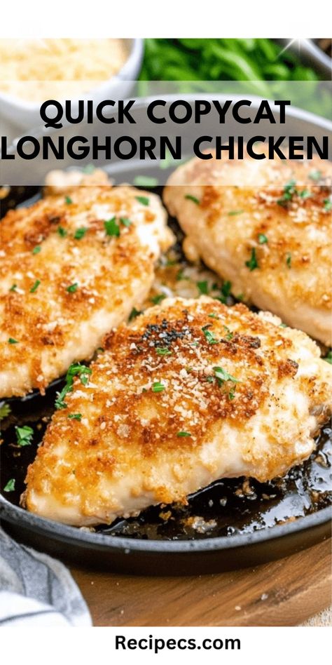 Delicious Copycat Longhorn Parmesan Crusted Chicken that looks as good as it tastes. Perfect for a quick dinner recipe, featuring juicy chicken and a crispy Parmesan crust. Best Parmesan Crusted Chicken, Copycat Longhorn Chicken, Copycat Longhorn Parmesan Crusted Chicken, Dinner Ideas For Two Chicken, Chicken Breast On The Blackstone, Best Chicken Breast Recipes Baked, Copycat Longhorn Parmesan Chicken, Chicken Coating Recipes, Whole Chicken Breast Recipes