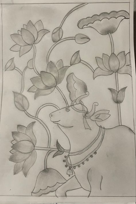 Indian traditional art Pichwai Cow Sketch, Pichwai Prints, Aari Drawing, Pichwai Cow, Cow Sketch, Indian Traditional Art, Pichwai Art, Simple Hand Embroidery, Pichwai Painting