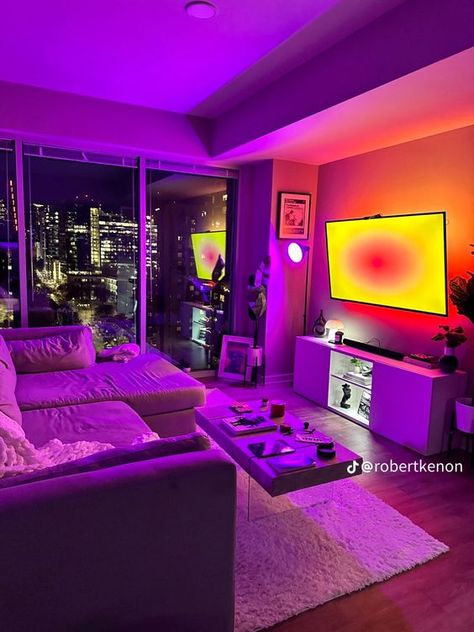 Glam Studio Apartment Ideas, Room Ideas For Grown Women, Aura Apartment Decor, Bf And Gf Apartment Decor, Cute Modern Living Room Ideas, Cute Cozy Living Room, Led Living Room Aesthetic, Vibey Apartment Living Room, Apartment Lighting Aesthetic