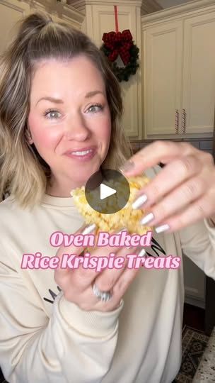 2.9M views · 31K reactions | Did you know you can make Rice Krispies treats in the oven!? I'll never go back!Oven Rice Krispie Treats: spray a 9x13 baking dish with nonstick cooking spray.Cut 6 tablespoons of butter into slices, place them in the bottom of the dish. Add 1 bag of marshmallows. Pour in 6 cups of Rice Krispies.Bake at 350° for 20 minutes.Stir, add 2 more cups of Rice Krispies and continue to stir until everything is mix together.Cut into bars and enjoy   #ricekrispiestreats#ovenbakedricekrispietreats #lifehacks #kitchentips | Stephanie Gigliotti Rice Krispie Treats In The Oven, Baked Rice Crispy Treats, Oven Baked Rice Krispie Treats, Oven Rice Krispie Treats, Sheet Pan Rice Krispie Treats, Baked Rice Krispie Treats, Stephanie Gigliotti, Steph Gigliotti, Oven Baked Rice