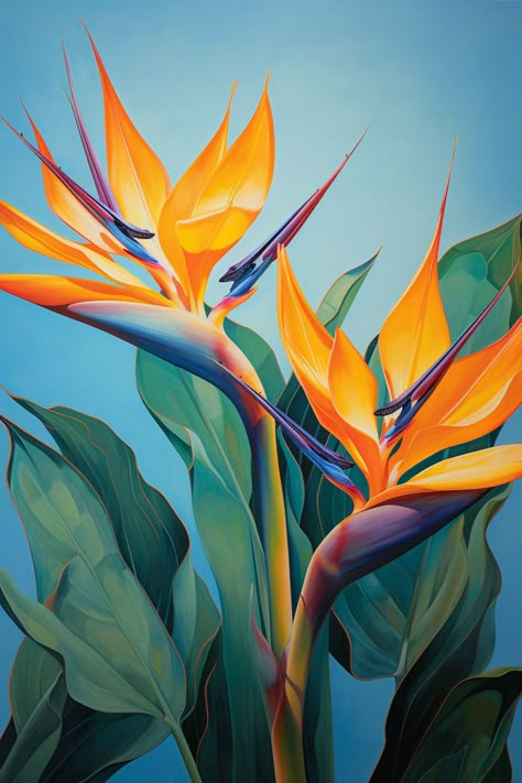 Amazing Flower Paintings Tropical Forest Painting, Bird Of Paradise Painting, Strelitzia Flower, Paradise Painting, Luxury Artwork, Awesome Posters, Hawaii Flowers, Bird Of Paradise Plant, Birds Of Paradise Flower