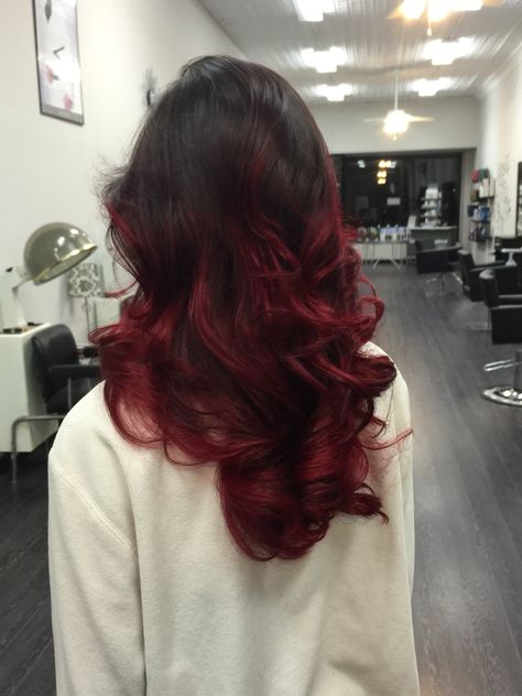 Wine Red Ombre Hair, Dark Brown Hair With Red Ends, Red Streaks In Brown Hair Curly, Red Hair Ends, Red Hair Alt, Vibrant Red Highlights, Highlight Hair Ideas, Red And Black Hair Ideas, Lizzy Hearts