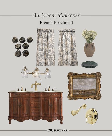 Elegant Simple Bathroom, Regency Bathroom Ideas, French Provincial Bedroom Makeover, Regency Core Decor, French Bathroom Design, Provincial Bathroom, Antique Bathroom Ideas, French Provincial Bathroom, Grandmillennial Decor