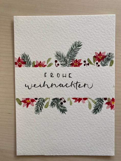 Simple Watercolor Cards Christmas, Simple Holiday Cards Diy, Xmas Card Watercolor, Watercolour Holiday Cards, Christmas Water Colour Card, Diy Christmas Card Watercolor, Diy Christmas Watercolor Cards, Christmas Postcard Watercolor, Christmas Cards Acrylic Paint