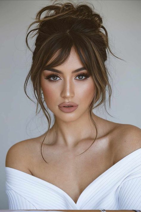 26%20Gorgeous%20Homecoming%20Hairstyles%20to%20Turn%20Heads%20All%20Night%20Long%20This%202024 Bride Hairstyles Bangs, Homecoming Hairstyles Bangs, Bridal Hair Fringe Bangs, Elegant Hairstyles With Bangs, Homecoming Hairstyle, Hairstyle With Bangs, Chic Updo, Sleek Updo, Homecoming Hairstyles