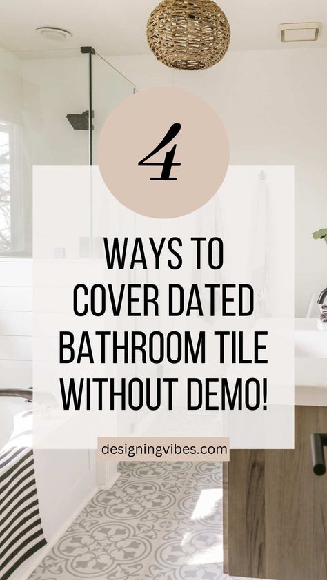 covering dated bathroom tile with luxury vinyl Reglazed Bathroom Tile, Tile Over Tile, Fully Tiled Bathroom, Hiding Ugly, Diy Bathroom Makeover, Bathroom Transformation, Old Bathroom, Tile Covers, Pink Tiles