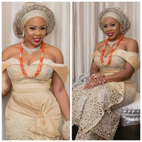 Igbo Bride In Off Shoulder Traditional Wedding Attire With Headtie Igbo Traditional Wedding Attire, Igbo Attire, Nigerian Bride Dress, Wedding Dress Purple, Igbo Wedding Dress, Wedding Asoebi, Nigerian Wedding Dresses Traditional, Wedding Attire For Women, Nigerian Wedding Dresses