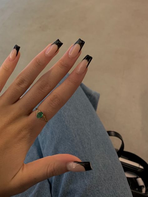 Nails, nail inspo, spring nail inspo, nail inspiration, black french tip nails, acrylic nails, 2023 nails, nail inspiration 2023, cute nails, asthetic nails, summer nail inspo Nails With Initials, Black French Tip Nails, Black French Manicure, Black French Nails, Black French Tip, Black Acrylic Nails, French Tip Acrylic Nails, Simple Acrylic Nails, French Acrylic Nails