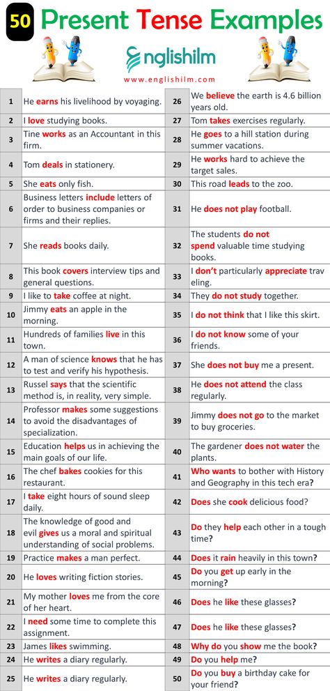 50 Example Sentences of Simple Present Tense • Englishilm Simple Present Tense Sentences, Present Tense Sentences, Example Of Simple Sentence, Interrogative Sentences, Pronoun Examples, Tense Worksheet, English Language Learning Activities, Study Snaps, Basic English Grammar Book