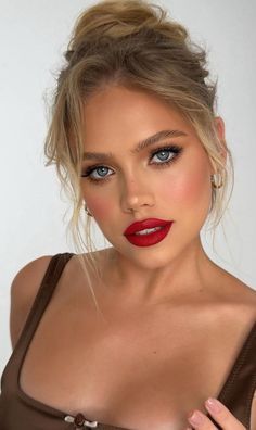 Neutral Red Lip Makeup, Red Lipstick Blonde Hair Blue Eyes, Blonde Red Lips Makeup, Red Lip Makeup Blonde, Bridal Makeup Red Lips Blonde Hair, Wedding Makeup Red Lips Blonde, Brown Dress Red Lipstick, Red Lipstick Makeup Blonde Hair, Red Lips For Blondes