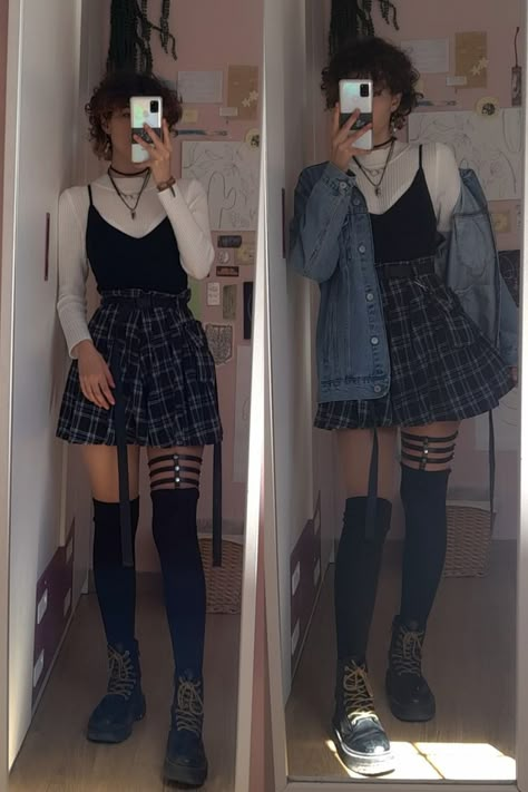 Aesthetics Dark Outfit, Egirl Casual Outfit, Thigh High Socks With Shorts, Casual E Girl Outfits, Alte Outfit Ideas, Astethic Winter Outfits, Casual Egirl Outfit, Cute Alt Outfits For School, Alt Shein Outfits