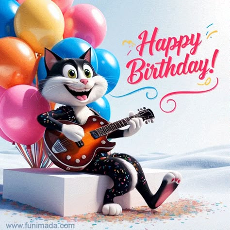 Funny Happy Birthday GIF  #HappyBirthdayGIF Birthday Musical Wishes, Happy Birthday Guitar, Funny Happy Birthday Gif, Birthday Guitar, Gif Birthday, Animated Happy Birthday, Cat Playing Guitar, Happy Birthday Gif, Playing A Guitar