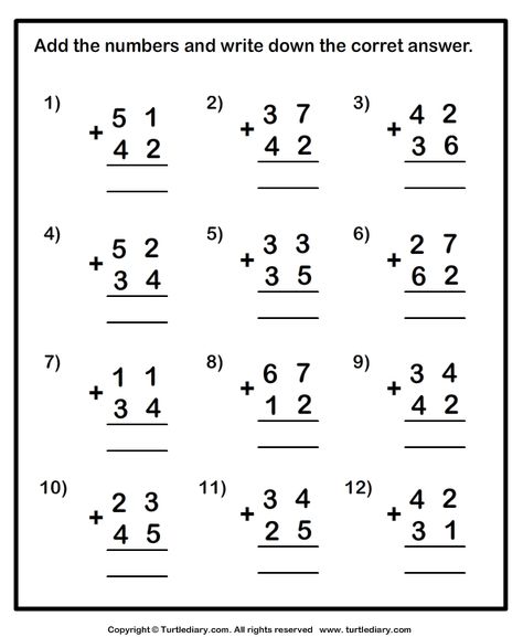 Download and print Turtle Diary's Adding Two Numbers up to Two Digits worksheet. Our large collection of math worksheets are a great study tool for all ages. Addition Worksheet, Adding Numbers, Math Addition Worksheets, Mathematics Worksheets, Maths Worksheets, Addition And Subtraction Worksheets, Go Math, 2nd Grade Math Worksheets, 1st Grade Math Worksheets