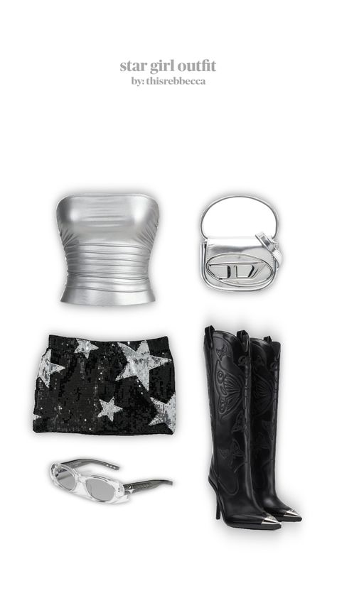 #stargirl #outfit #outfitinspo #y2k #fashion #2000s #silver #aesthetic #clothes #pinterest #stargirlaesthetic Concert Celebrity Outfit, Dress Outfits Y2k, Outfits Ideas For A Concert, Performing Outfits Concert, New Years Outfits Sparkly, Birthday Outfits Y2k, Silver Going Out Outfit, Y2k Silver Outfits, Silver Y2k Outfit