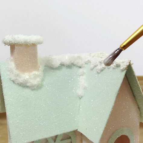 How to: decorate a putz house with snow and glitter / AllThingsPaper.net House With Snow, Christmas Putz Houses, Glitter House, Cardboard Houses, Putz House, Diy Christmas Village, Christmas Village Houses, Christmas Houses, Mini Houses