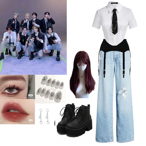 S Class Inspired Outfits Skz, Stray Kids Lalalala Outfits, K Pop Concert Outfit Ideas Stray Kids, Stray Kids Makeup Inspired, Stray Kids Concert Outfit Ideas Dominate, Skz Outfit Ideas, Kpop Idol Stage Outfits Ideas, 9th Member Of Stray Kids Outfit, Lee Know Outfit Inspired