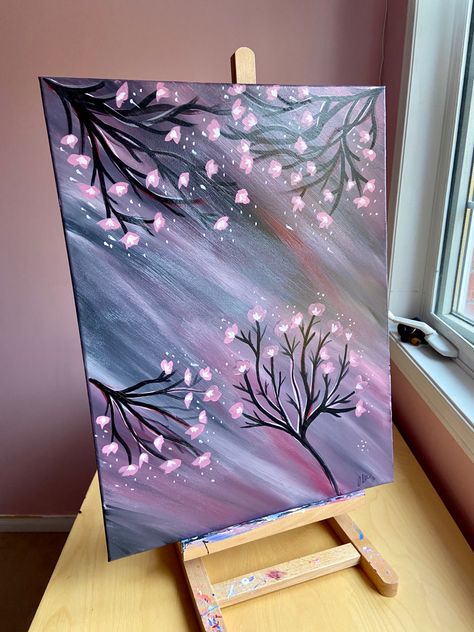 Cherry blossom trees on a pink and grey background. Acrylic painting made by myself, can be found @AuracleTreasures on Etsy! 🫶🏻 Pink And Grey Background, Background Acrylic Painting, Cherry Blossom Painting Acrylic, Colourful Background, Diy Canvas Art Easy, Blossom Painting, Cherry Blossom Painting, Whimsical Art Paintings, Acrylic Art Projects