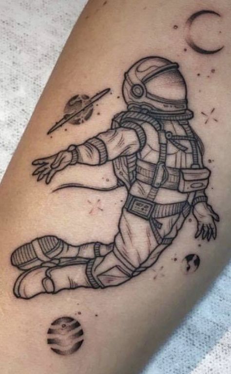 Astronaut Leg Tattoo, Dinosaur Astronaut Tattoo, Nasa Tattoo Ideas, Astronaut Tattoo Men, Space Tattoo Stencil, Simple Astronaut Tattoo, Space Related Tattoos, Space Man Tattoo, Astronaut Tattoo Stencil