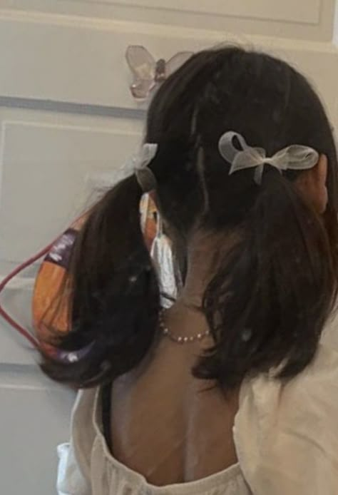 Pigtails With Bows Aesthetic, Pink Tails Hairstyle, Short Ribbon Hairstyles, Cute Hairstyles Pigtails, Short Pigtail Hairstyles, Pigtails For Short Hair, Side Part Pigtails, Innocent Hairstyles, High Pigtails Hairstyles