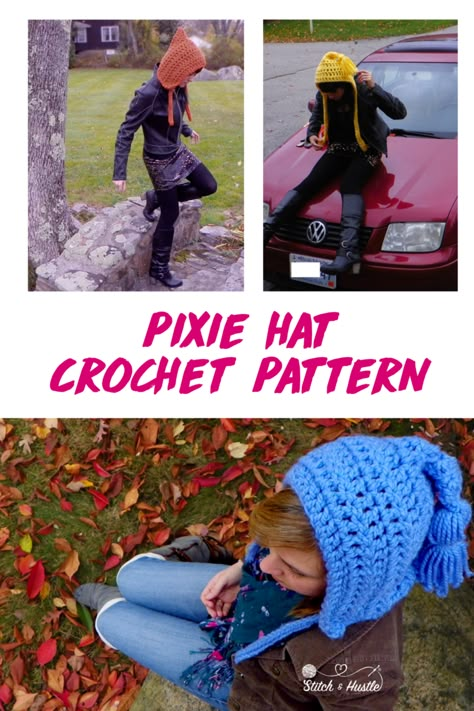 Get Your Whimsy On - Free Pixie Hat Crochet Pattern — Stitch & Hustle Pixie Hat Crochet, Yarn Dreads, Crochet Headwear, Crochet Hood, Yarn Project, Hat Patterns Free, Crochet Hat Patterns, Crochet Beanies, Hat Crochet Pattern