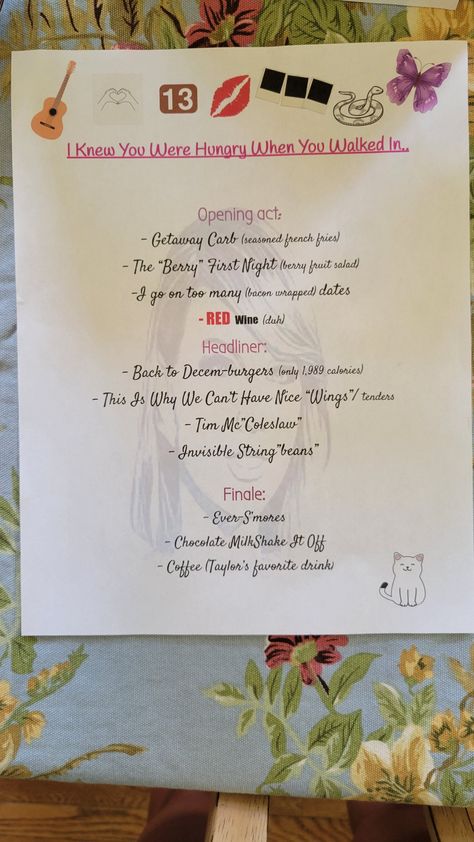 A fun lunch/dinner menu for the Taylor Swift obsessed Taylor Swift Birthday Party Ideas Sweet 16, Food For Taylor Swift Party, Taylor Swift Movie Night Ideas, Taylor Swift Movie Night, Eras Watch Party, Taylor Swift Themed Dinner Party, Eras Food Ideas, Taylor Swift 1st Birthday, Taylor Swift Themed Brunch