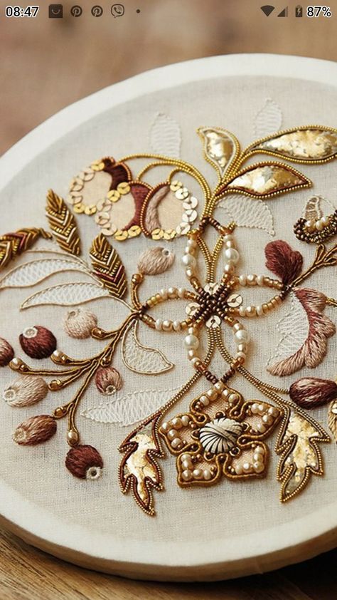 Gold Sequin Embroidery, Gold Flower Embroidery, Embroidery And Beading, Embroidery On Brown Fabric, Gold Work Embroidery Pattern, Goldwork Flowers, Sermeh Embroidery, Embriodary Design Ideas, Zardozi Embroidery Designs Pattern