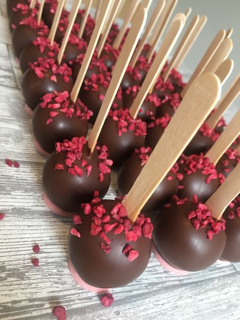 Chocolate raspberry cake pops 18th Birthday Food, Cake Pops Aesthetic, Aesthetic Cake Pops, Raspberry Cake Pops, Fancy Cake Pops, Bday Treats, Cooking Business, Pink Cake Pops, Chocolate Cake Pops