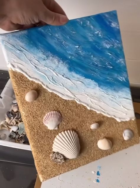 Beachy Paintings, Beach Canvas Paintings, Beach Art Painting, Beach Canvas Art, Painting Ocean, Seashell Painting, Sand Painting, Brush Painting, Beach Diy