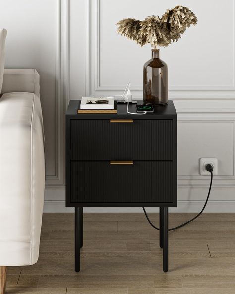 Amazon.com: Masupu Nightstand with Charging Station,Mid-Century Modern Bedside Table with 2 Storage Drawer,Small Gold Frame Side End Table for Bedroom,Living Room (Black) : Home & Kitchen Amazon Bedside Table, Nightstand Charging Station, Mid Century Modern Bedside Table, Bedside Table Black, Black Bedside, Bedroom Things, Black End Tables, Nightstand With Charging Station, Black Bedside Table