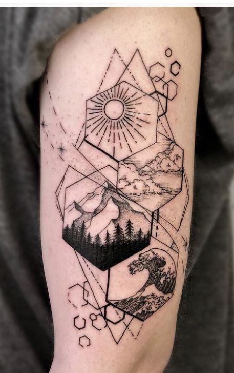 Mens Adventure Tattoo, Geometric Outdoor Tattoo, Geometric Bicep Tattoo Men, Horizon Tattoo Minimalist, Adrenaline Tattoo Ideas, Five Elements Tattoo, Elements Tattoo Design, Mountains Tattoo Design, Minimalist Geometric Tattoo