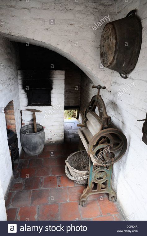 An old Ewardian laundry room at the Black Country Living Museum. Stock Photo Old Fashion Laundry Room, Victorian House Laundry Room, Victorian Laundry, Victorian Laundry Room, Antique Clothes Dryer, Antique Laundry Basket, Black Country Living Museum, Old Manor, Living Museum