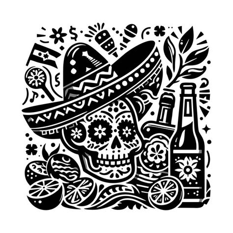 A black and white drawing of a skull and... | Premium Vector #Freepik #vector #illustration #mexican #hispanic #fiesta Mexican Graphic Design Illustrations, Mexican Skull Drawing, Mexican Illustration Art, Mexican Illustration, Drawing Of A Skull, Mexican Skull Art, Mexican Graphic Design, Bottle Of Alcohol, Mexico Skull