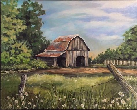 Farm Acrylic Painting Ideas, Old Farmhouse Painting, Farmhouse Acrylic Painting Ideas, Farm Scene Paintings Easy, Country Acrylic Painting, Farm Drawing Landscape, Easy Farm Paintings, Farm Acrylic Painting, Barn Paintings On Canvas