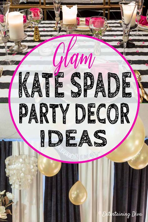 These Kate Spade themed party decor ideas are awesome! I love all of the pink and gold details with the black and white stripes. Perfect for a bachelorette party, bridal shower or baby shower. #entertainingdiva #partyideas #partydecor #partydecorations Kate Spade Party Decorations, Pink Chair Covers, Kate Spade Inspired Party, Baby Shower Pink And Gold, New Year's Eve Food, New Year's Eve Party Themes, New Year's Eve Decor, Nye Party Ideas, Nye Party Decorations