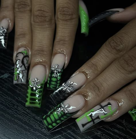 chrome hearts nails , chrome hearts nail designs , chrome hearts nails short , chrome hearts nails men , chrome hearts nails long , chrome hearts french tip Dark Green Nails Y2k, Green N Black Nails, Yk2 Nails Aesthetic, Grunge Y2k Nails, Cybergoth Nails, Nail Ideas Y2k, Chrome Hearts Nails, Hearts Nails, Green Acrylic Nails