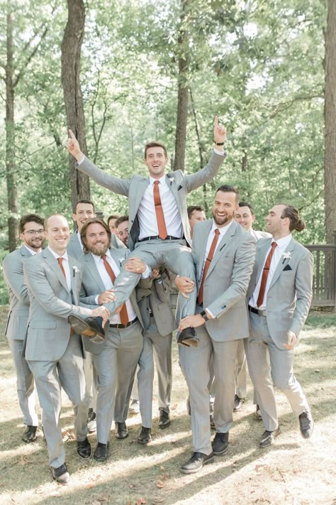 Grey Suit With Copper Tie, Grey And Rust Wedding Party, Grooms Tux Fall Wedding, Cinnamon And Grey Wedding, Grey Suit With Rust Tie, Light Grey Suit Fall Wedding, Earth Tone Groomsmen Attire, Terracotta And Grey Wedding Party, Cinnamon Groomsmen Attire