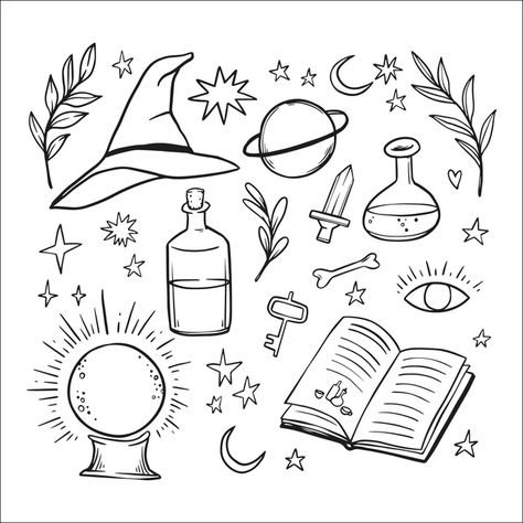 Esoteric mystical elements | Free Vector #Freepik #freevector Easy Witchy Doodles, Witch Doodles Easy, Witchy Things To Draw, Mystical Doodles, Simple Witch Drawing, Easy Witchy Drawings, Witchy Drawings Art, Witchy Doodles Simple, Witchy Vector