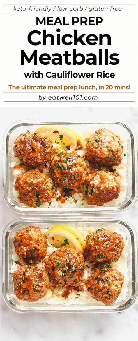 Garlic Butter Chicken Meatballs with Cauliflower Rice Meal Prep - #mealprep #recipe #eatwell101 - Cheesy, juicy and so flavorful! Chicken meatballs are easy to put together for the ultimate meal prep lunch. - #recipe by #eatwell101 Garlic Butter Chicken Meatballs, Cauliflower Rice Meal Prep, Butter Chicken Meatballs, Mealprep Recipe, Rice Meal Prep, Ayam Mentega, Gluten Free Meal Prep, Murgh Makhani, Meal Prep Lunch