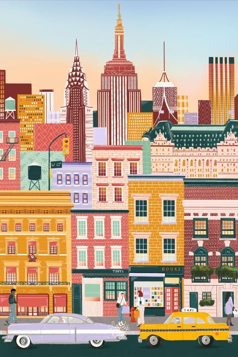 This vibrant art piece created by Simply, Katy features some of New York's most iconic landmarks such as the Empire State Building, Chrysler Building and ofcourse a yellow taxi. Shop this print using the link below! New York Travel Poster, New York Illustration, City Collage, New York Landmarks, Funny Laptop Stickers, Nyc Print, Wall Decor Retro, City Skyline Art, New York Print