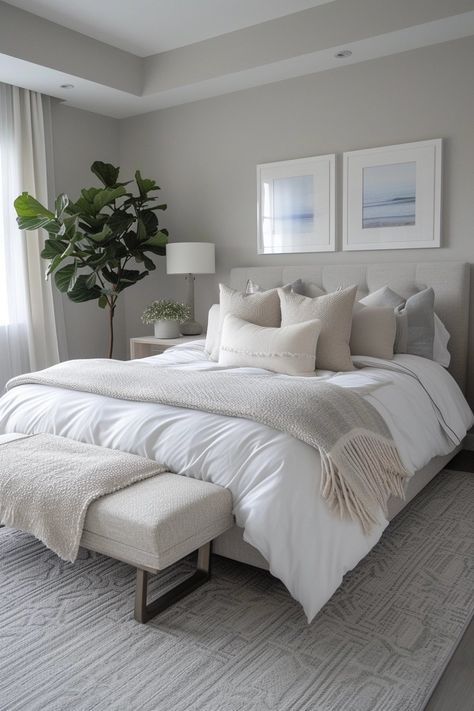 15 Agreeable Gray Bedroom Ideas That Are Both Neutral And Serence Grey Headboard Tan Bedding, Gray And White Decorating Ideas, Grey Main Bedroom Ideas, Gray Cozy Bedroom Ideas, Tan Gray And White Bedroom, Guest Bedroom Ideas Gray Walls, Light Gray Comforter Bedroom Ideas, Grey Carpet White Walls Bedroom, Bedroom Gray Walls Decor