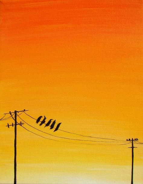 Bird On Telephone Wire, Sunset Power Lines Painting, Birds On Wire Drawing, Birds On A Line Painting, Sunset Telephone Wires Painting, Birds On The Wire, Bird On A Wire Painting, Painting Birds Simple, Simple Bird Painting Acrylics