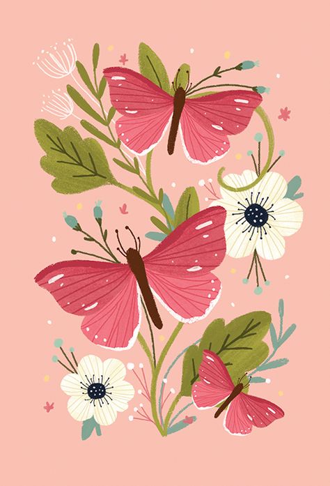 Birds and Butterflies Folk Art on Behance Butterfly And Flower Painting, Folk Art Drawing, Folk Art Patterns, Illustration Butterfly, Posca Art, Butterfly Illustration, Butterflies And Flowers, 카드 디자인, Animal Illustrations