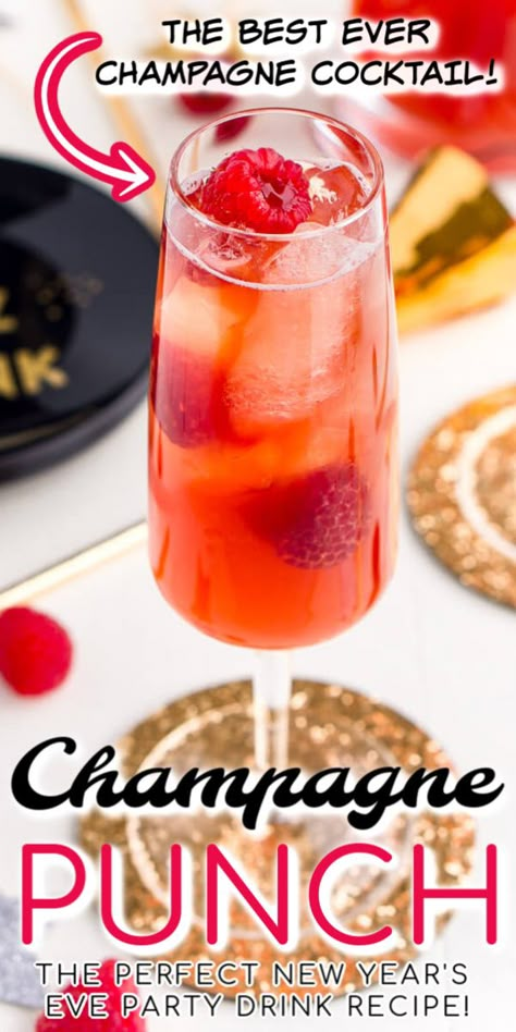 New Year’s Eve Champagne Punch is loaded with Triple Sec, blackberry brandy, Chambord, pineapple juice, ginger ale, and champagne for a drink that’s sure to be a big hit with all your New Year’s Eve party guests! #champagne #newyearseve #partypunch Champagne Punch Bowl, Large Batch Champagne Cocktails, Christmas Punch Champagne, Pink Champagne Punch Recipes, New Years Eve Pitcher Cocktails, New Years Eve Punch Alcoholic, Champagne Punch Recipes For A Crowd, Champagne Punch For A Crowd, Punch With Champagne